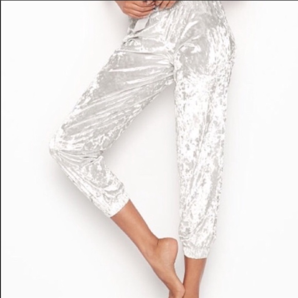 White Silver Crushed Velvet Joggers Sweatpants